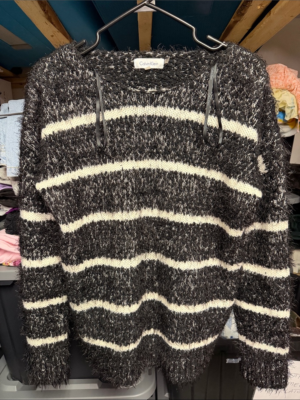 Calvin Klein Black and Cream Striped Fuzzy Crewneck Sweater